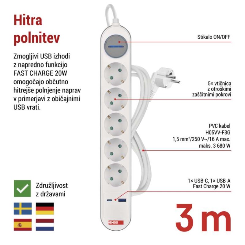 Podaljšek 3 m / 5 vtičnic / s stikalom / belo-siv / 1×USB-A + 1×USB-C / 1,5 mm2 - slika 3