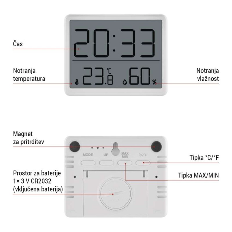 Digitalni termometer s hidrometrom, brezžični senzor, budilka, datum E6210 - slika 2