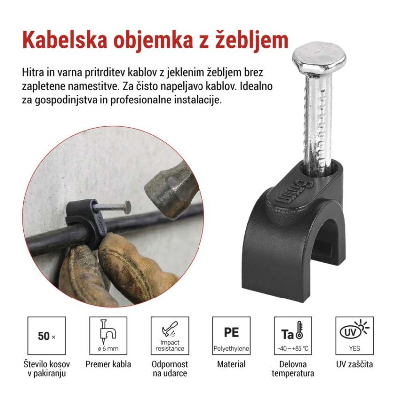 Kabelska objemka 6 mm, črna, 50 kos - slika 2