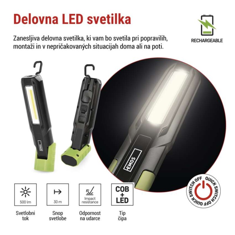 COB LED+LED polnilna svetilka P4546, 500 lm, 2000 mAh - slika 3
