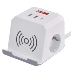Podaljšek - kocka 2 m / 2 vtičnice / beli / 2×USB-A+1×USB-C+Qi / 1,5 mm2