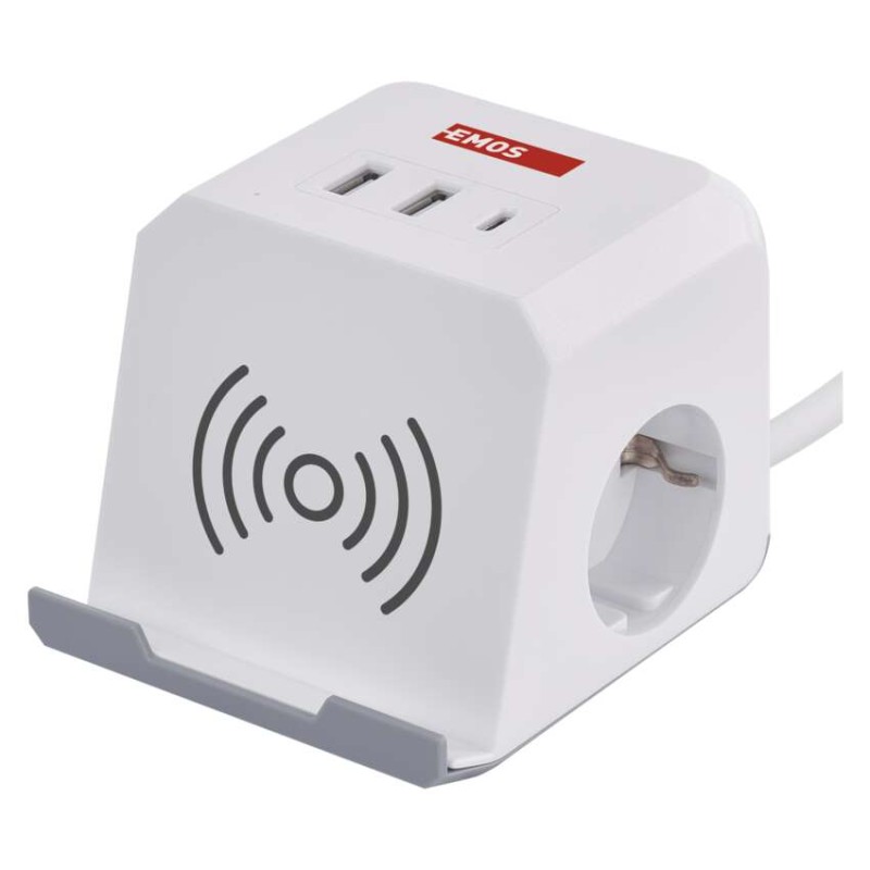 Podaljšek - kocka 2 m / 2 vtičnice / beli / 2×USB-A+1×USB-C+Qi / 1,5 mm2