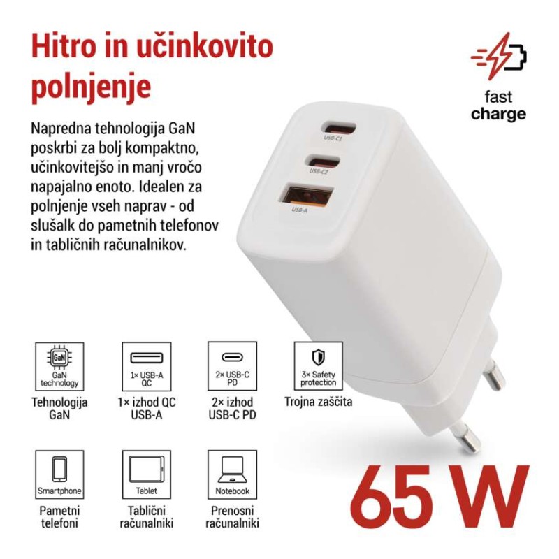 USB polnilec hišni GaN PD 65 W max. - slika 3