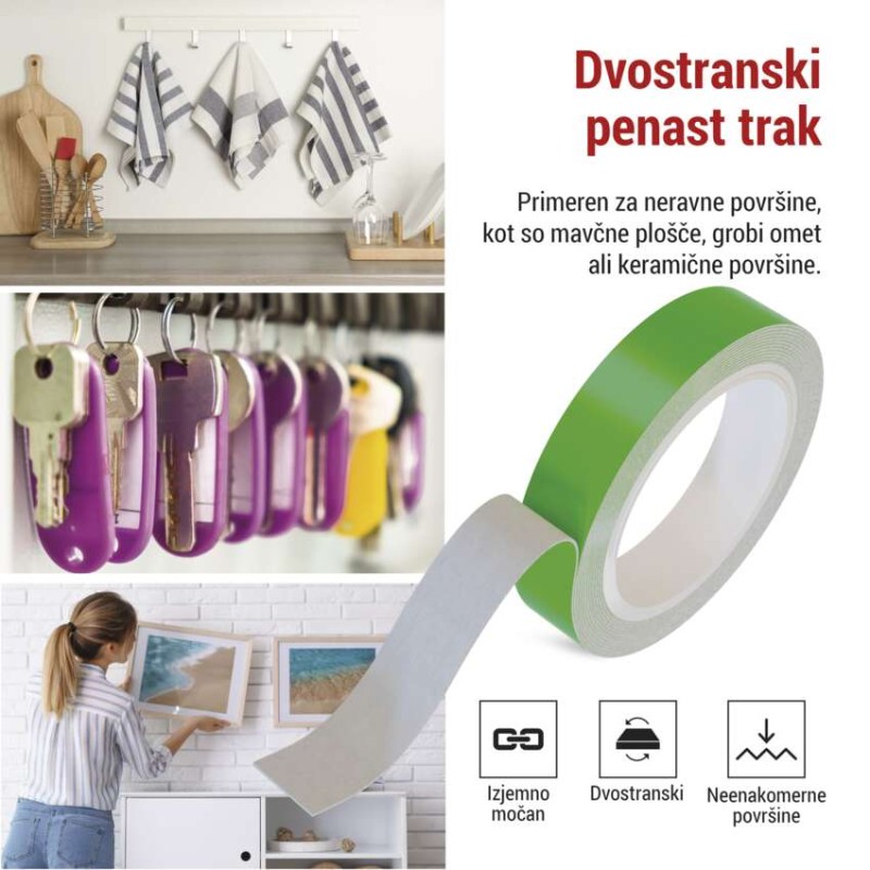 Dvostranski penasti trak 20 mm / 3 m, zelen - slika 3