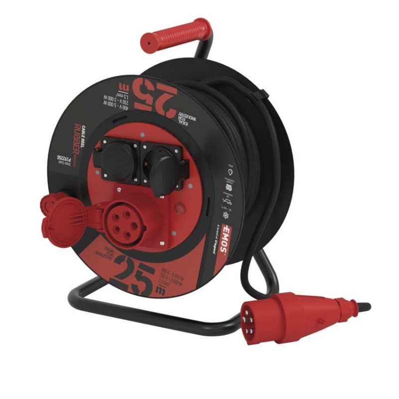 Zunanji kolutni podaljšek 25 m / 3 vtičnice / črni / guma / 230V/400V / 1,5 mm2 - slika 2