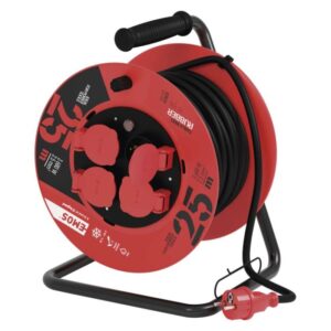 Zunanji kolutni podaljšek 25 m / 4 vtičnice / črni / guma / 230 V / 2,5 mm2