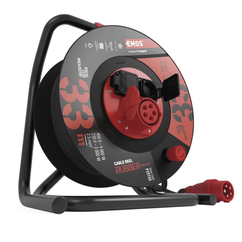 Zunanji kolutni podaljšek 33 m / 3 vtičnice / črni / guma / 230V/400V / 2,5 mm2