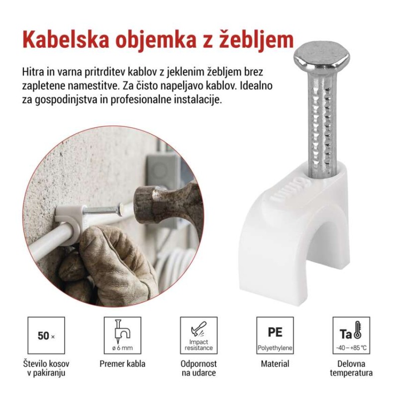 Kabelska objemka 6 mm, bela, 50 kos - slika 2