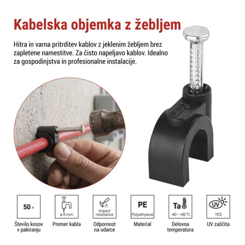 Kabelska objemka 8 mm, črna, 50 kos - slika 2