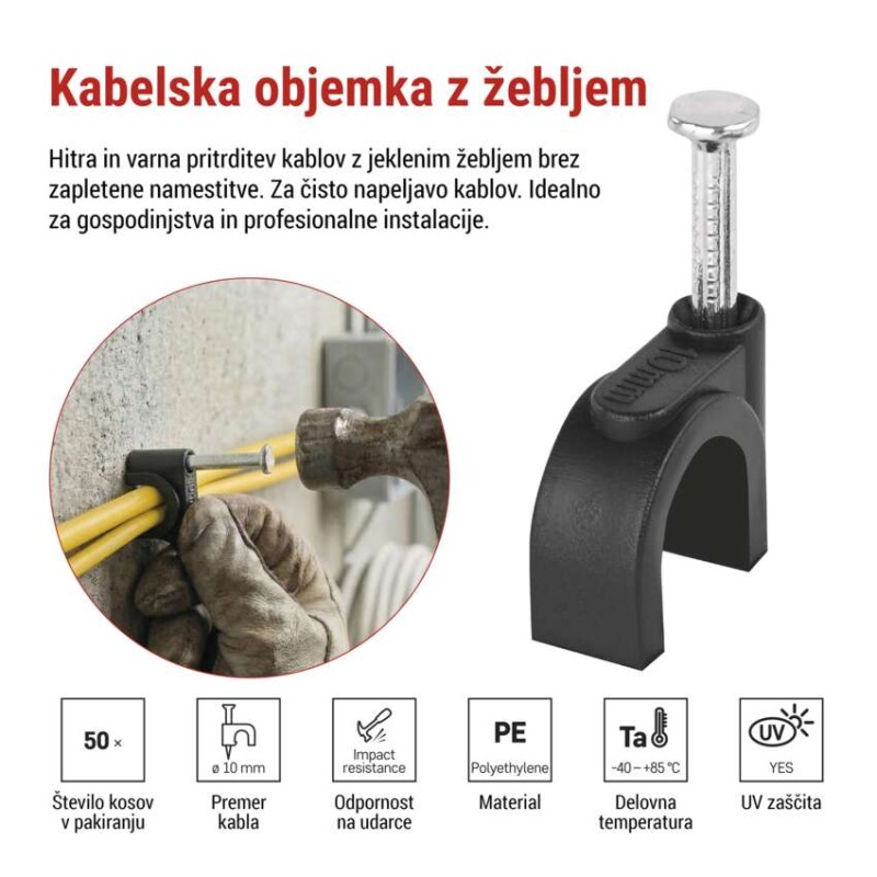 Kabelska objemka 10 mm, črna, 50 kos - slika 2