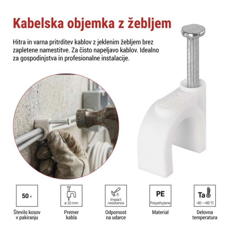 Kabelska objemka 10 mm, bela, 50 kos - slika 2