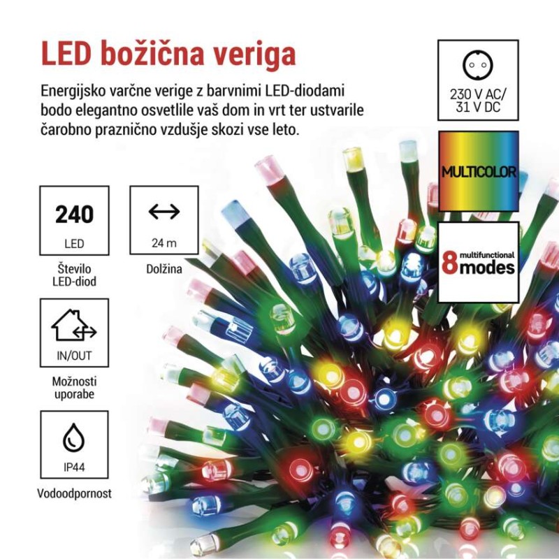 LED božična veriga, 24 m, zunanja in notranja, večbarvna, programi, časovnik - slika 2
