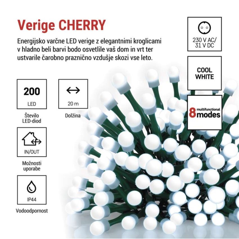 LED božična cherry veriga–kroglice, 20 m,zunan. in notran.,hladna bela, programi, časovnik - slika 2