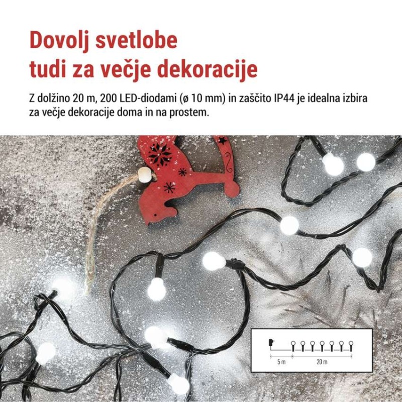 LED božična cherry veriga–kroglice, 20 m,zunan. in notran.,hladna bela, programi, časovnik - slika 3