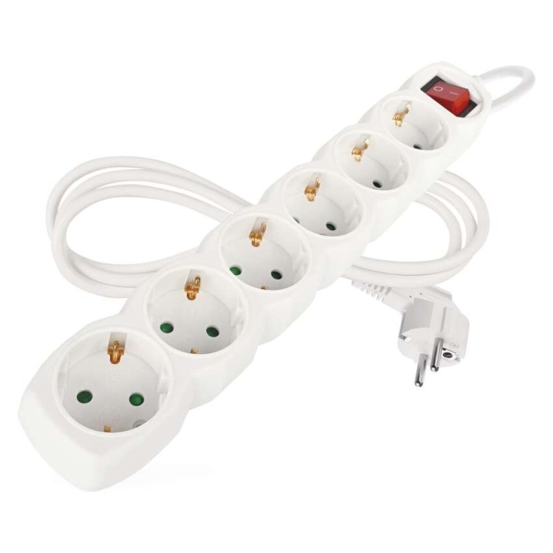Podaljšek 1,5 m / 6 vtičnic / s stikalom / beli / PVC / 1,5 mm2