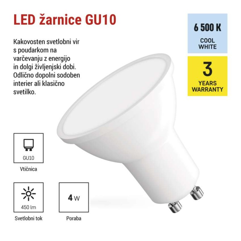 LED žarnica Classic MR16 bela/ GU10 / 4 W (39 W) / 450 lm / Hladna bela - slika 3