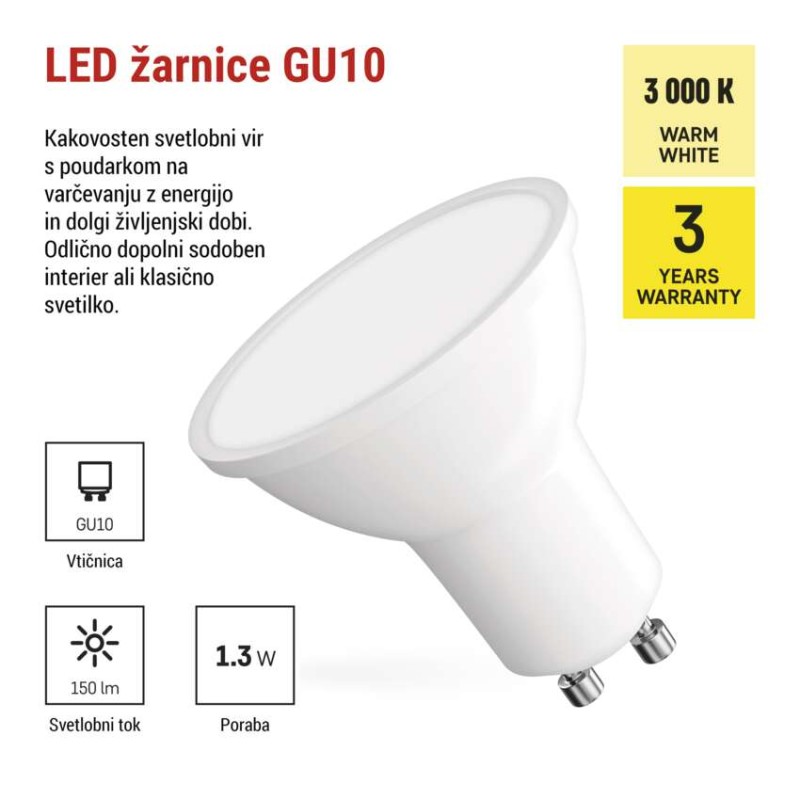 LED žarnica Classic MR16 bela/ GU10 / 1,3 W (16 W) / 150 lm / Toplo bel - slika 3