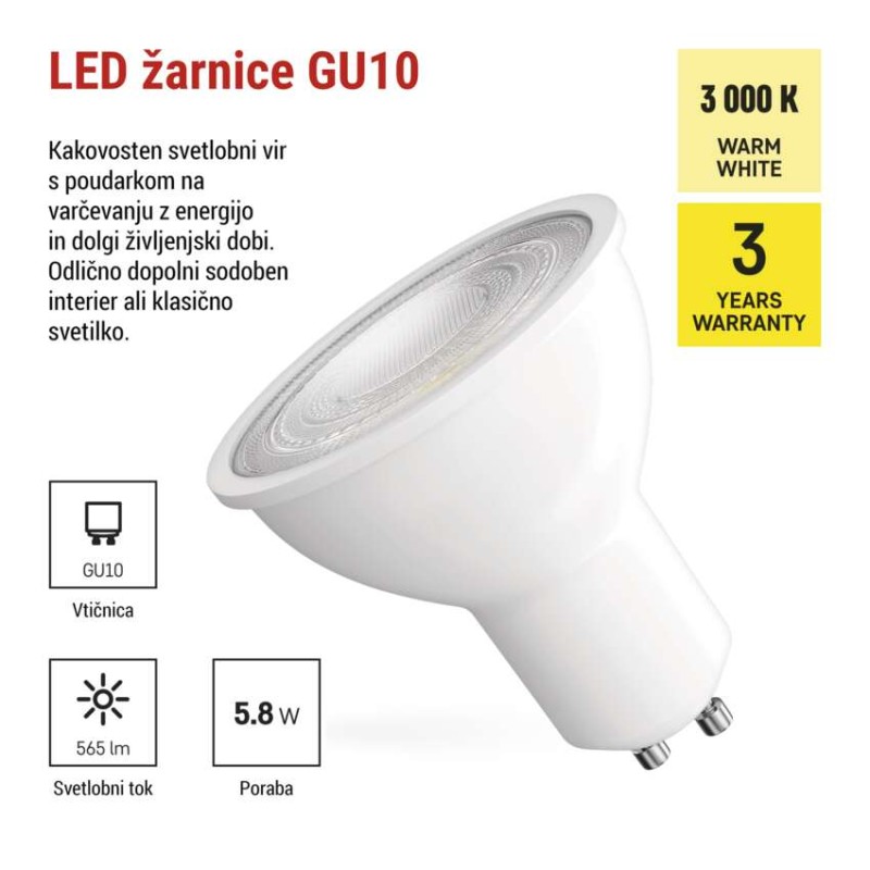 LED žarnica Classic MR16 bela/ GU10 / 5,8 W (75 W) / 565 lm / Toplo bel - slika 3