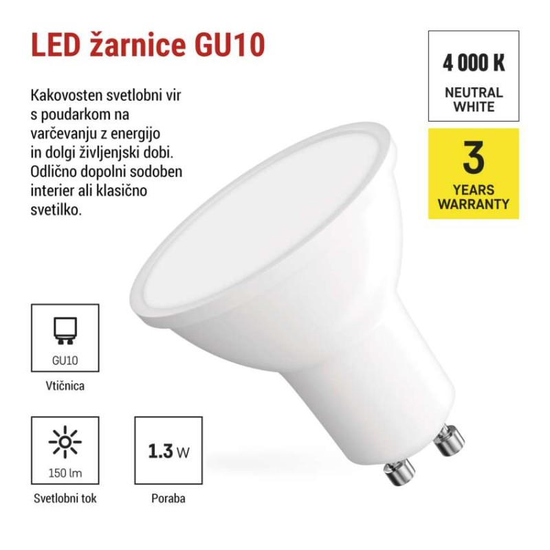 LED žarnica Classic MR16 bela/ GU10 / 1,3 W (16 W) / 150 lm / Nevtralna bela - slika 3