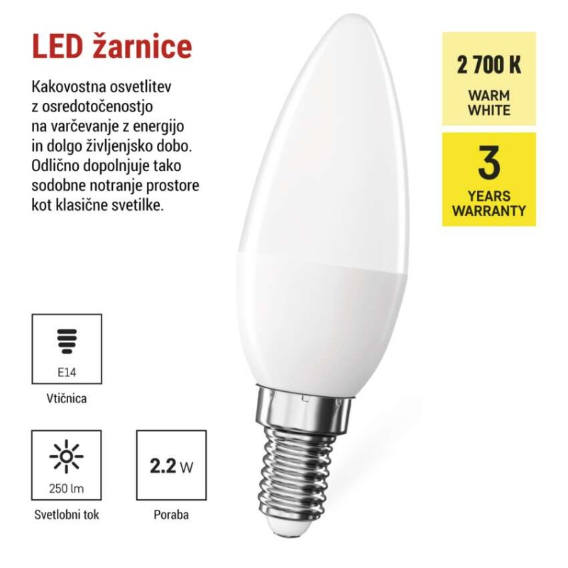 LED žarnica Classic Candle / E14 / 2,2 W (25 W) / 250 lm / toplo bela - slika 3