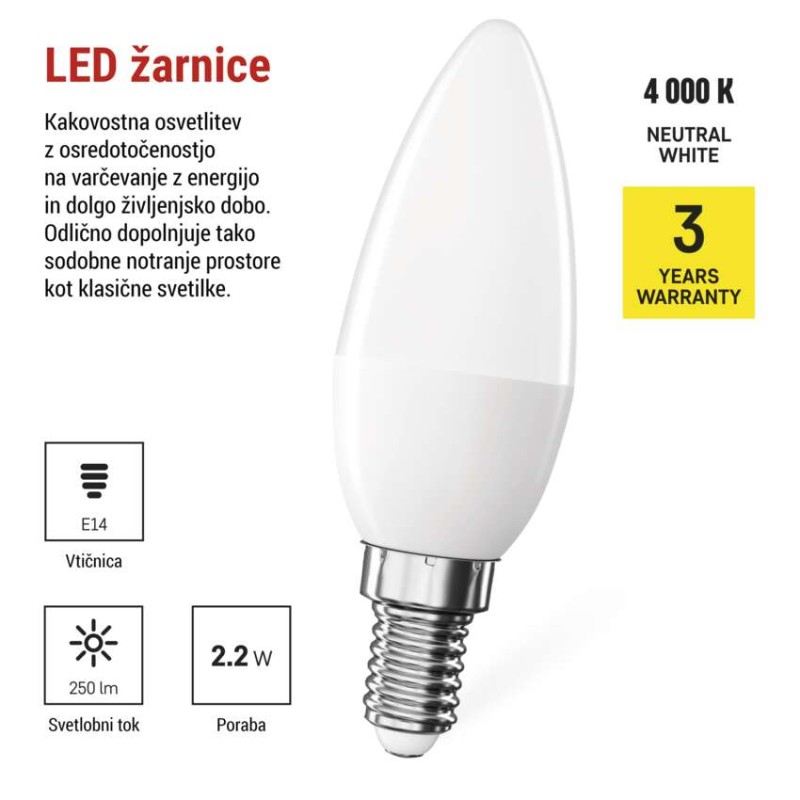 LED žarnica Classic Candle / E14 / 2,2 W (25 W) / 250 lm / Nevtralna bela - slika 3