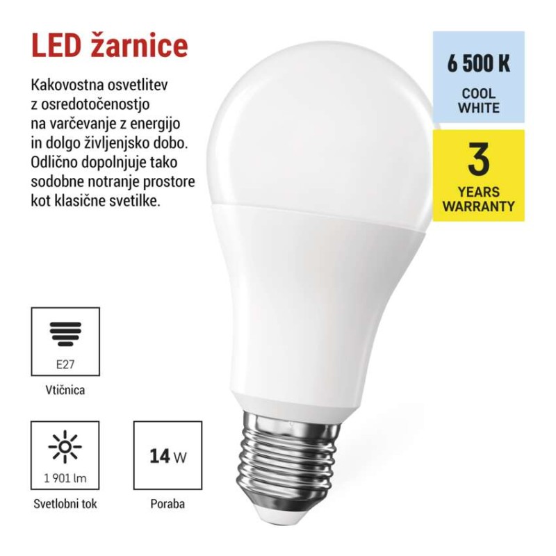LED žarnica Classic A60 / E27 / 14 W (120 W) / 1901 lm / Hladna bela - slika 3