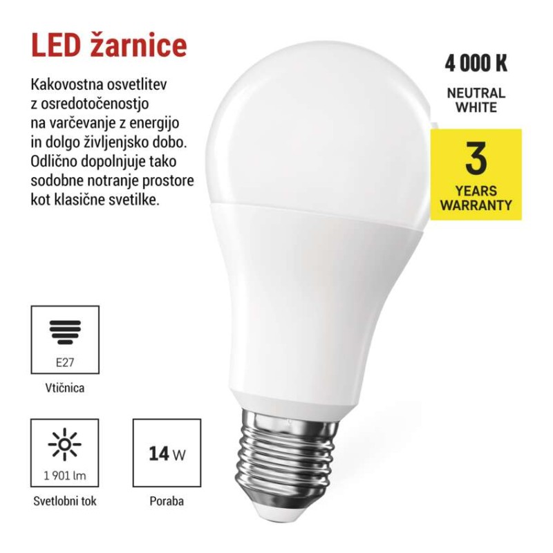 LED žarnica Classic A60 / E27 / 14 W (120 W) / 1901 lm / Nevtralna bela - slika 3
