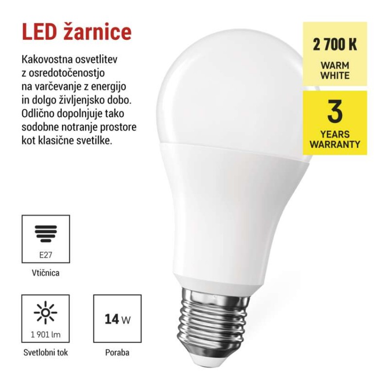 LED žarnica Classic A60 / E27 / 14 W (120 W) / 1901 lm / Toplo bel - slika 3