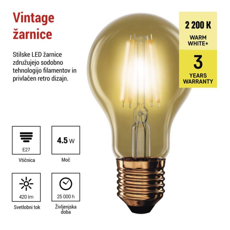 LED žarnica Vintage A60 / E27 / 4,5 W (40 W) / 420 lm / Toplo bel - slika 3