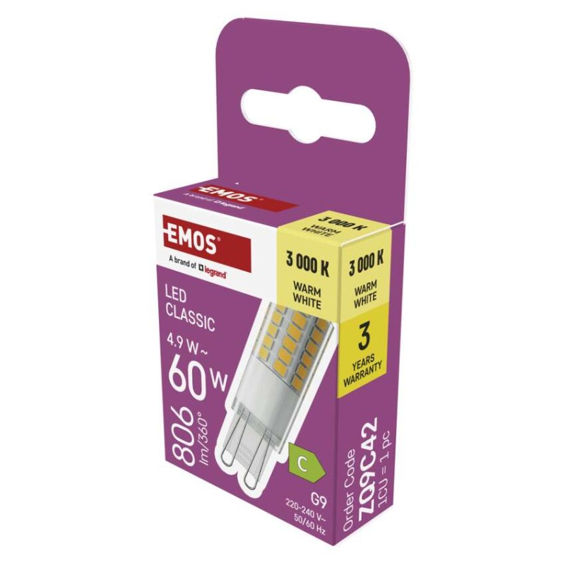 LED žarnica Classic JC / G9 / 4,9 W (60 W) / 806 lm / Toplo bel