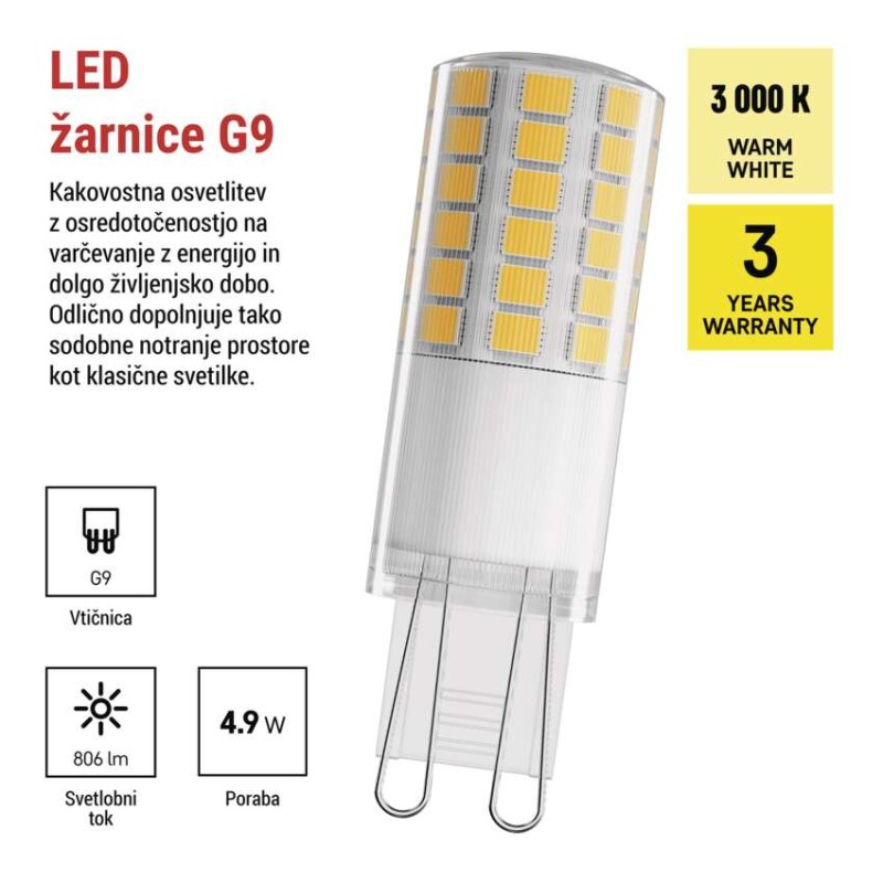 LED žarnica Classic JC / G9 / 4,9 W (60 W) / 806 lm / Toplo bel - slika 2