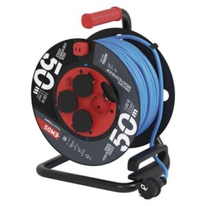 Vremensko odporen kabelski kolut 50 m / 4 vtičnice / modra / PVC / 230 V / 1,5 mm2