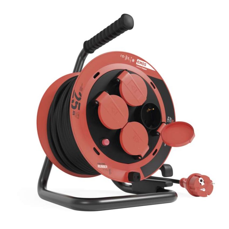 Zunanji kolutni podaljšek 25 m / 4 vtičnice / črni / guma / 230V/400V / 1,0 mm2